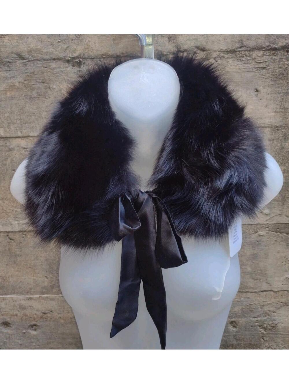 Black Fox Fur Collar Finland Satin Ribbon Tie Wrap Stole NWT Genuine Luxury